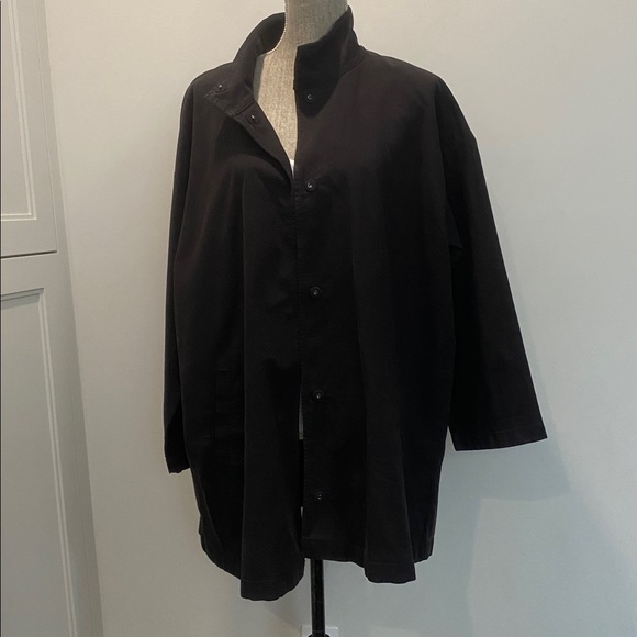 EILEEN FISHER Organic Cotton Hemp Stand Collar Long Jacket Size XL Black Casual - Picture 7 of 15
